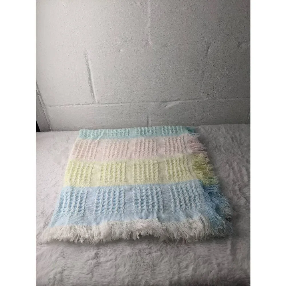 Lord & Taylor Vtg Plaid Baby Blanket Pastel Blue Pink Yellow Green Plaid Throw F